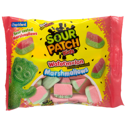 Pink and Yellow package for Sour Patch Kids Watermelon Marshmallows on white background