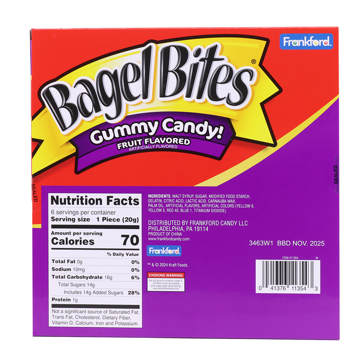 Back of box which includes nutrition facts and ingredients for gummy bagel bites