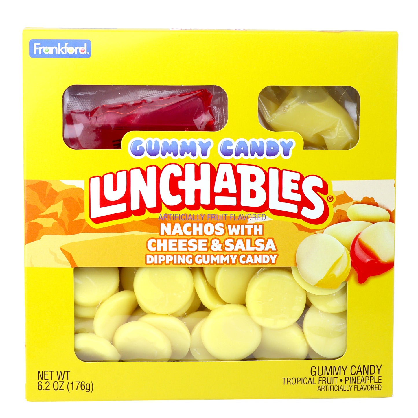 Yellow box featuring lunchables gummy nachos with candy dipping sauces