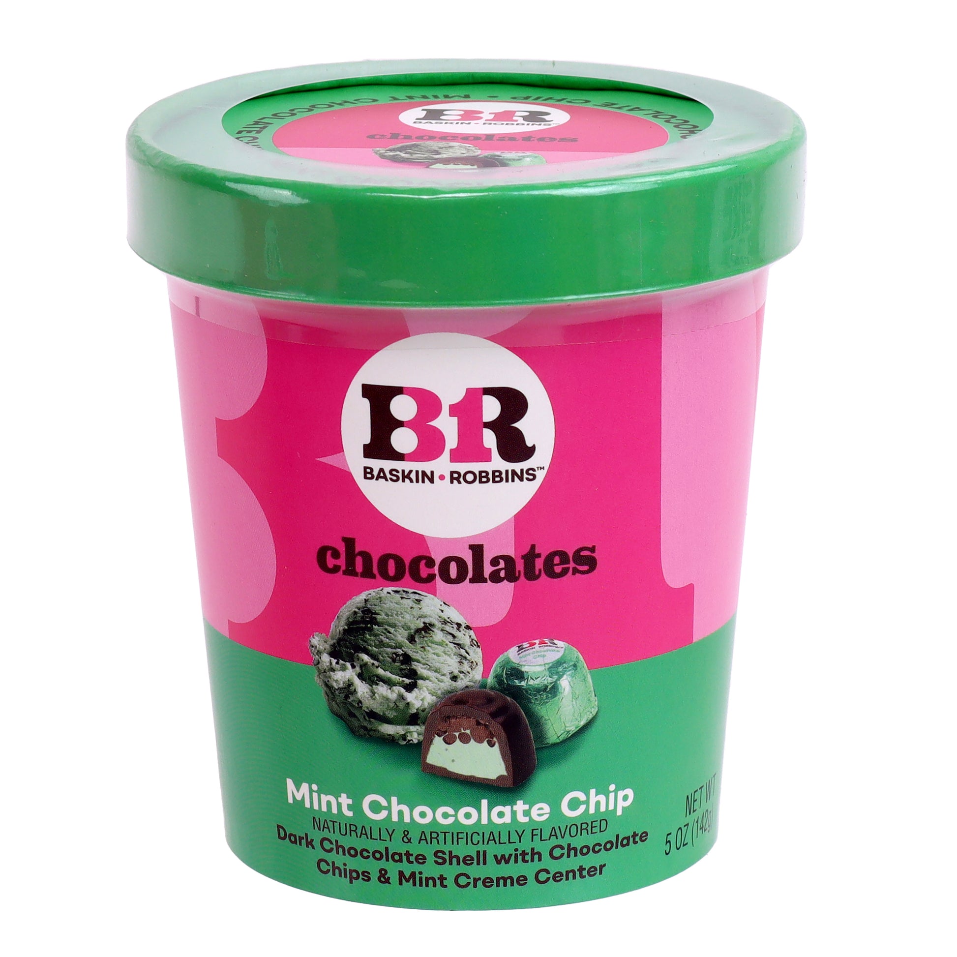 Front of individual mint chocolate chip pint container