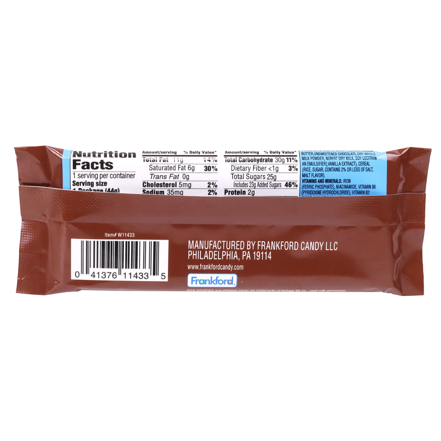 Rice Krispies milk chocolate candy bar package with nutrition label