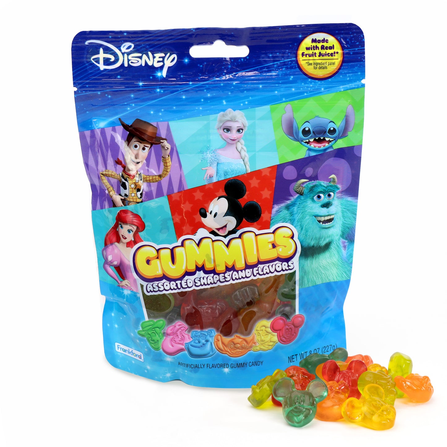 Disney gummies bag with a pile of gummies next to it