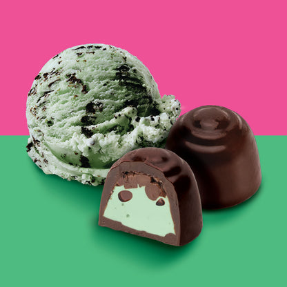 Mint chocolate chip ice cream with unwrapped mint chocolate chip chocolates 