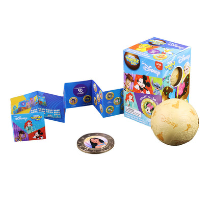 Wonder ball and the content of the box displayed(wrapped chocolate ball, collector coin, and paper sheet)