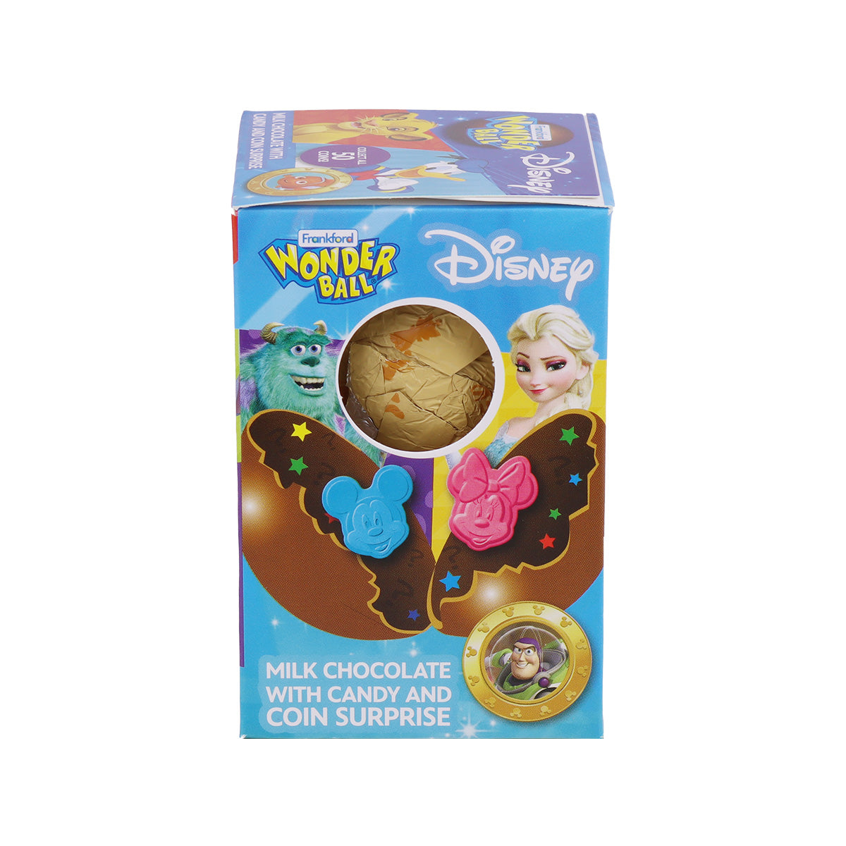 Side of box showing candy inside of the wonder ball