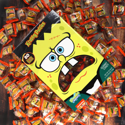 frankenstein spongebob box in pile of individually wrapped krabby patties gummies