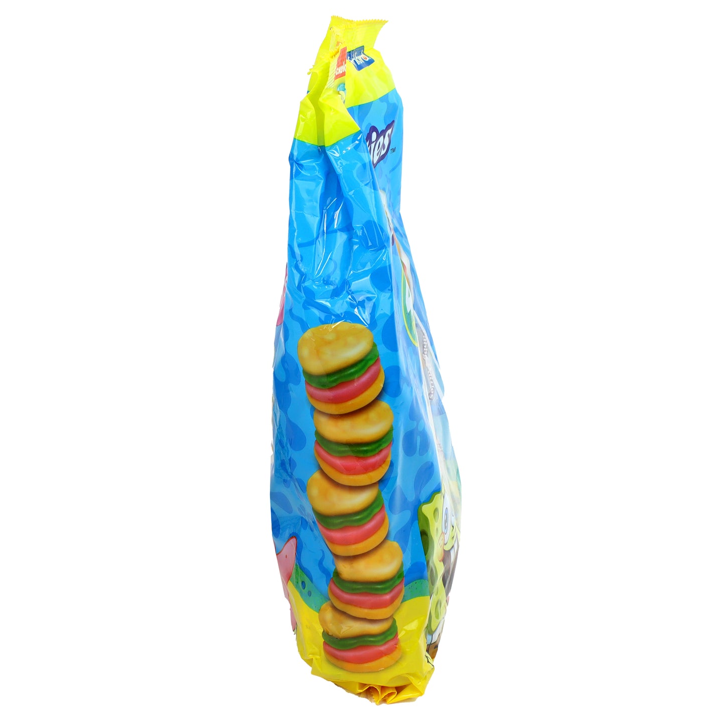 Side of bag with Krabby Patties stacked pictured 