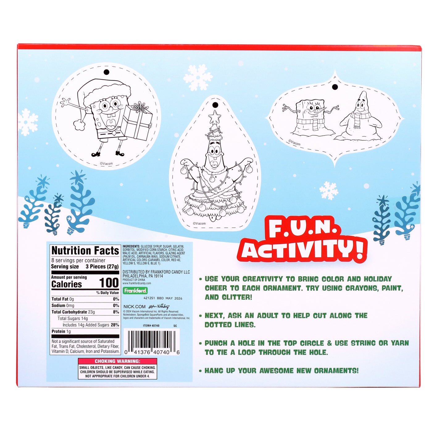 back of advent calendar that shows nutrition facts and ingredients with an interactive cut and color activity on the back 