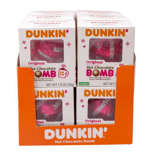 Front of 12 pack Dunkin' hot chocolate BOMB® display 