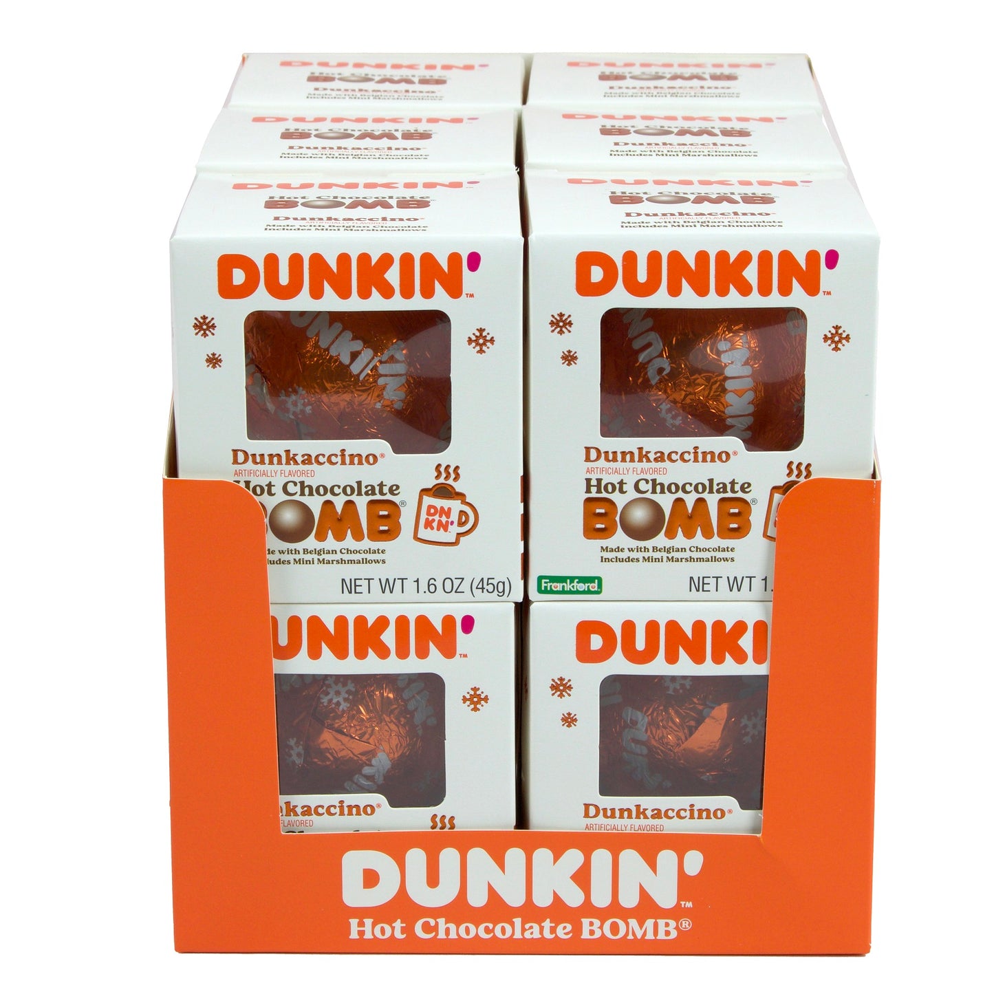 Front of 12 pack display colored in Dunkin' orange and white