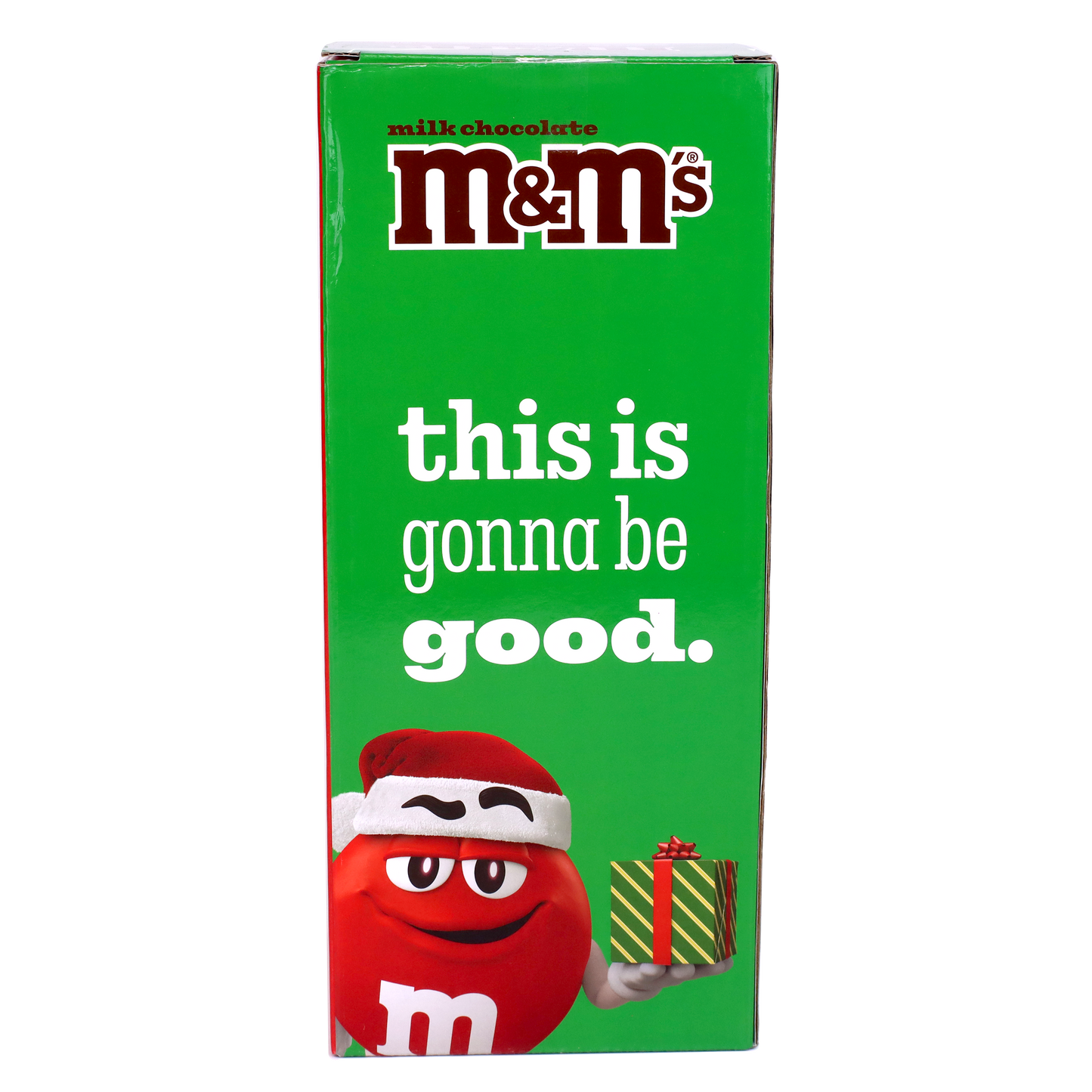 Back of packaging which includes red m&m character in a santa hat holding a present with the text "this is gonna be good." displayed above it.