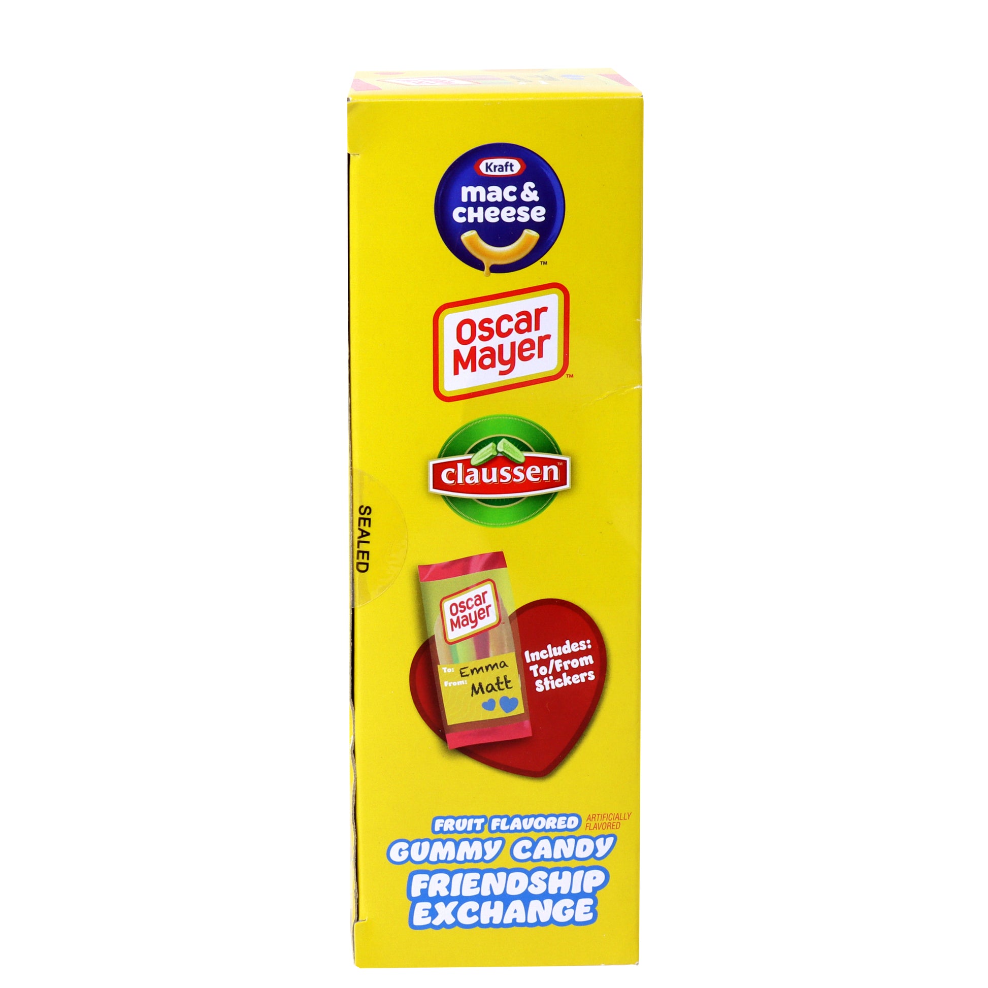 kraft, oscar mayer, and claussen logos on a yellow box