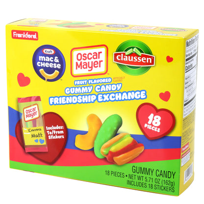 side angle view yellow box of gummy candy friendship exchange with hot dog, pickle, and mac and cheese gummies pictured