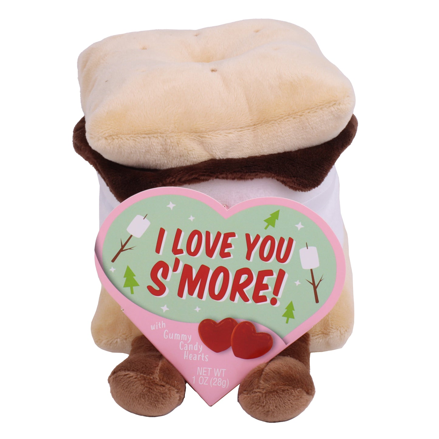 front of heart box and smore plush