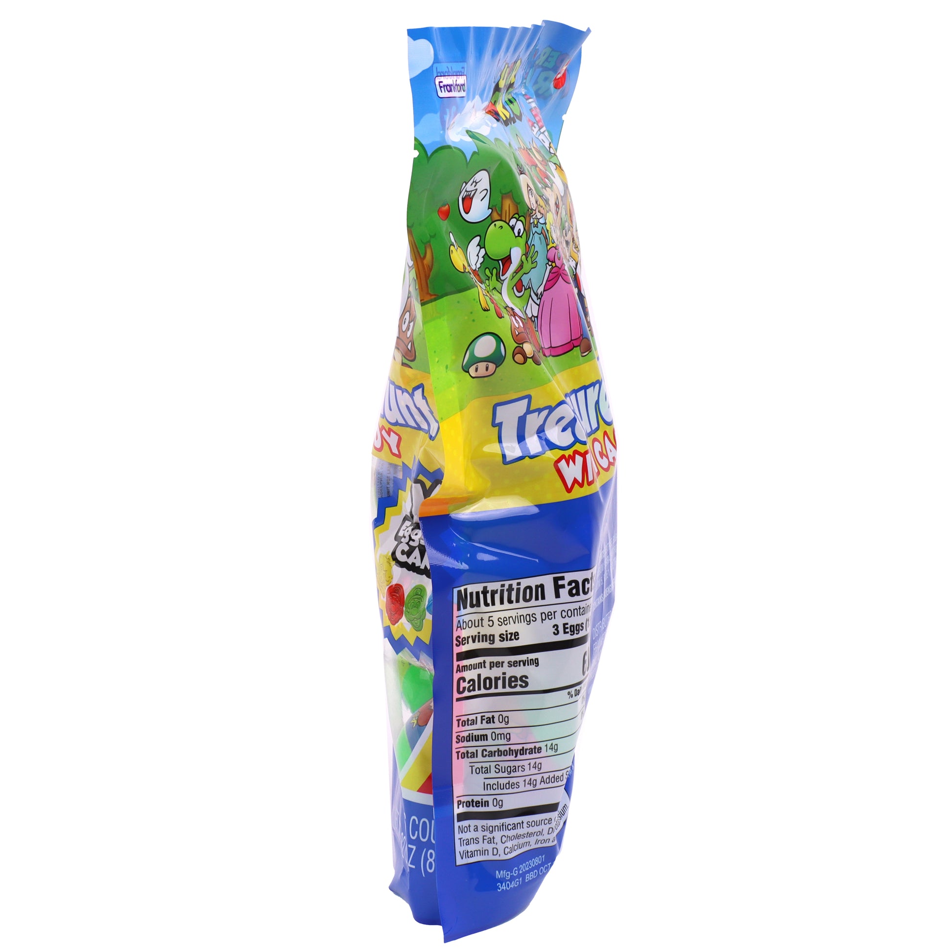 colorful bag with mario characters filled with plastic eggs filled with gummy candy