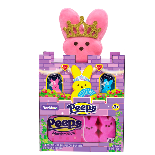 pink plush bunny in a purple castle container with pink peeps inside