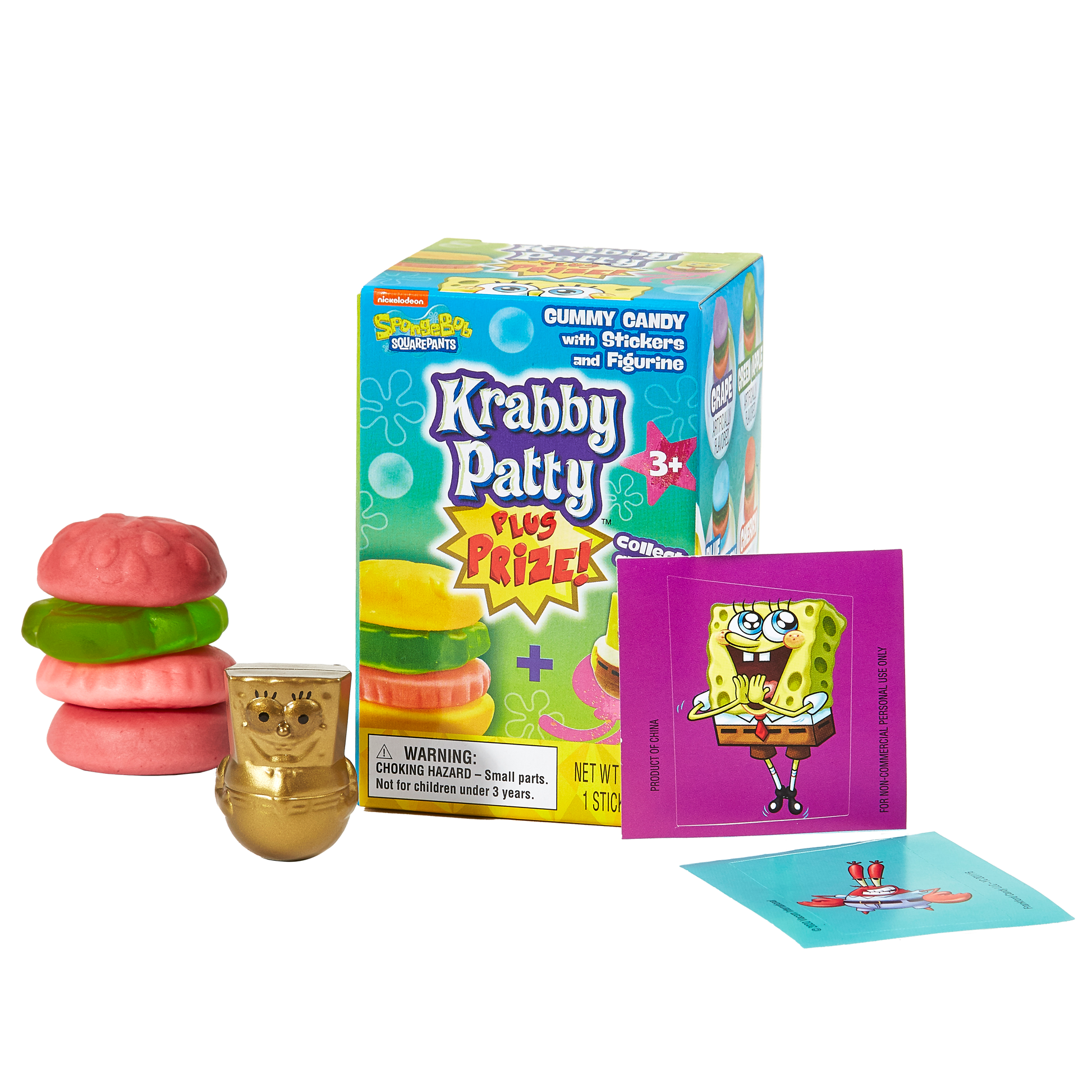 Krabby Patty Gummy Candy with stickers and figure on white background