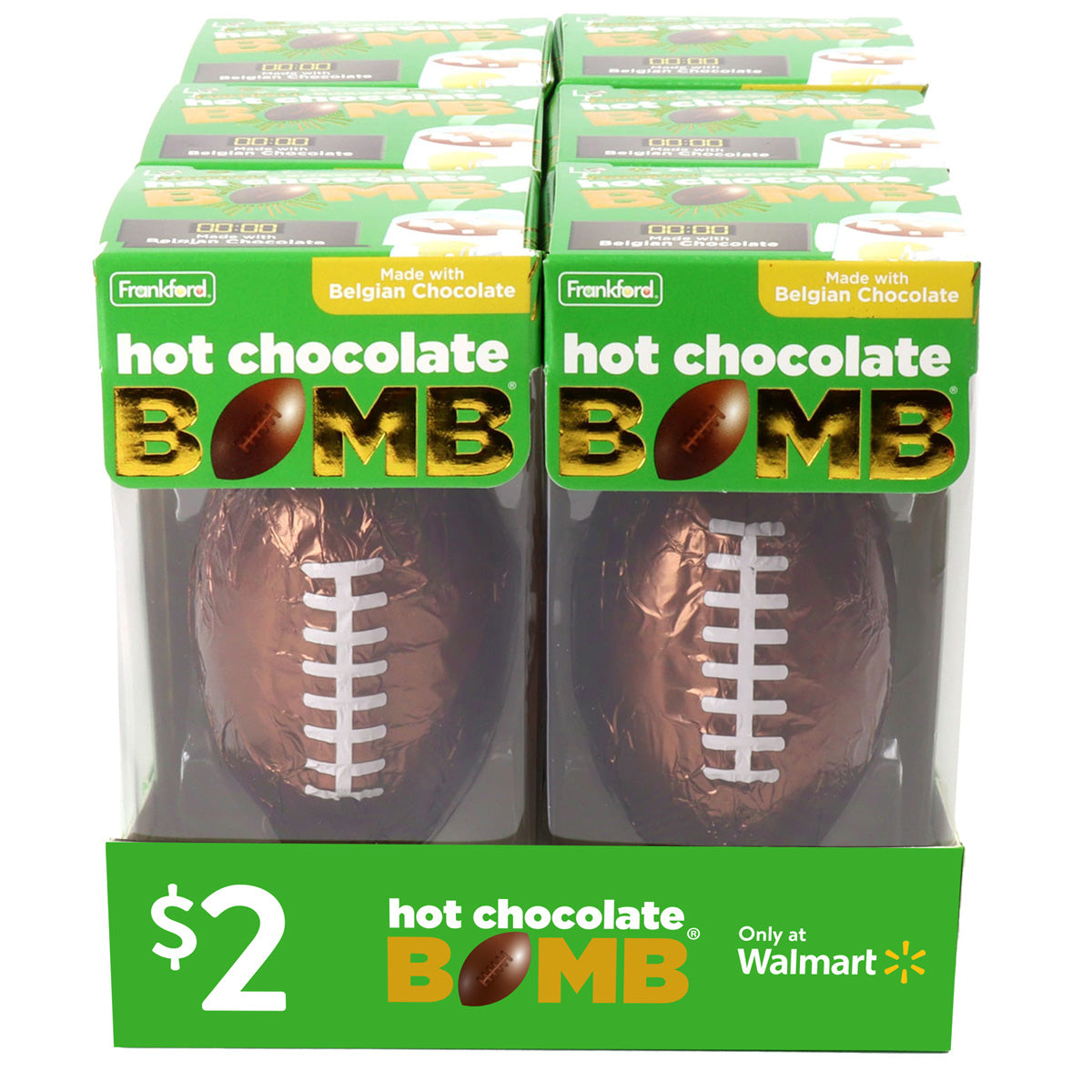 Display of football shaped hot cocoa bombs individually boxed. 