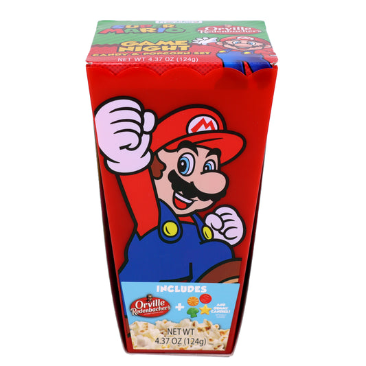 Front of popcorn box with a red background and Mario