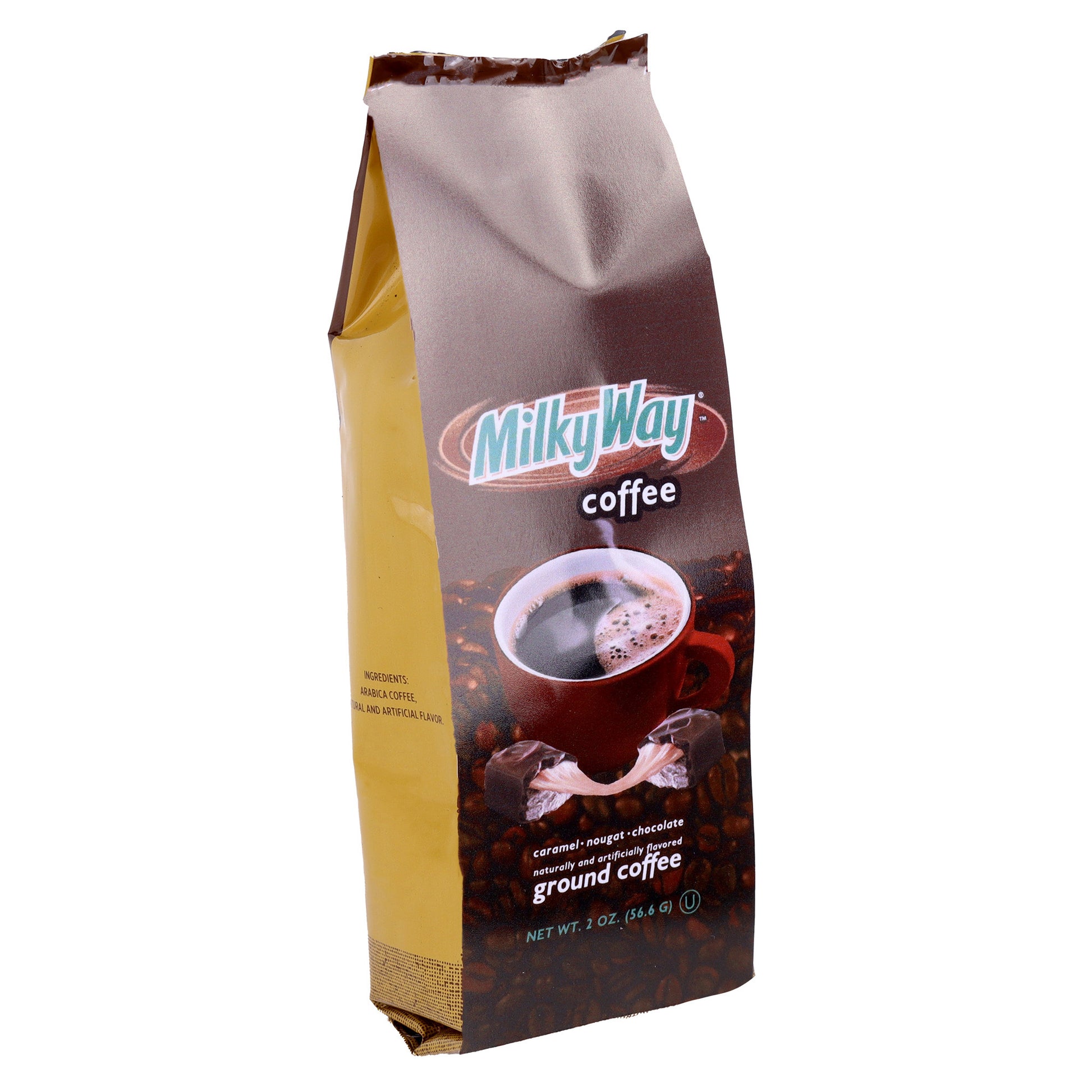 Milky Way coffee with coffee cup on bag and a split milky way pictured in front of the coffee cup