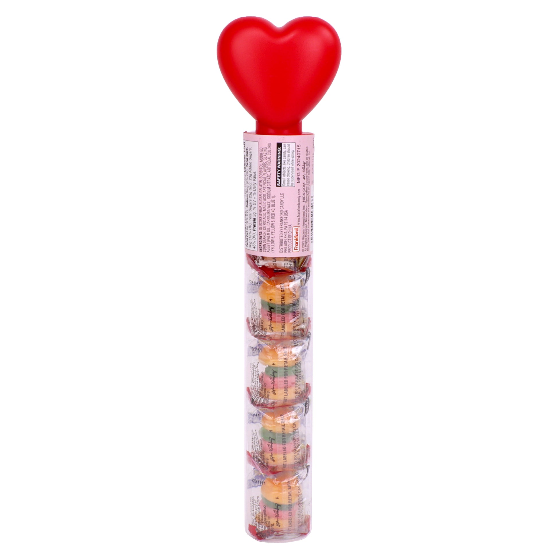 Side of tube topper showing ingredients for heart shaped gummy krabby patties 