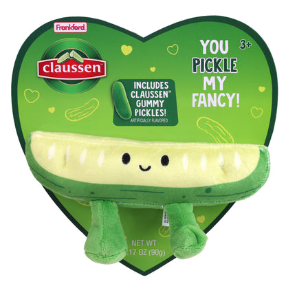 front of claussen heart box with pickle shaped plush