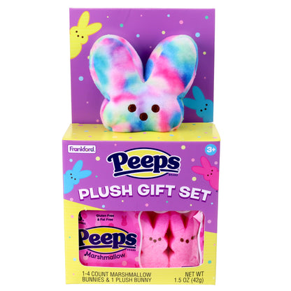 purple and yellow box with a tie dye plush bunny and pink peeps marshmallows