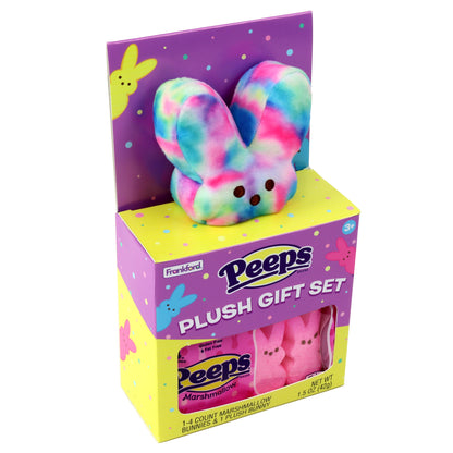 purple and yellow box with a tie dye plush bunny and pink peeps marshmallows