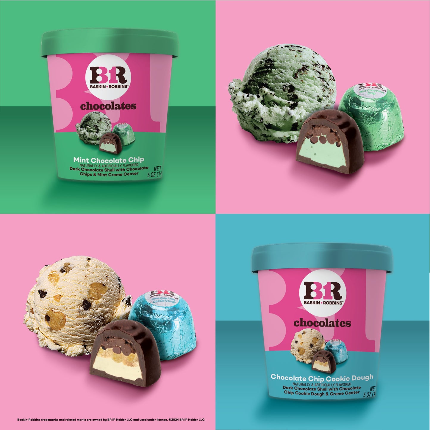 Baskin Robbins Mint Chocolate Chip & Baskin Robbins Chocolate Chip Cookie Dough Chocolate Candy in Pints