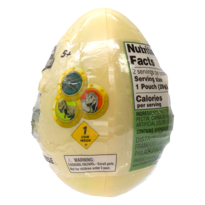 Side of yellow plastic egg with dinosaur coins