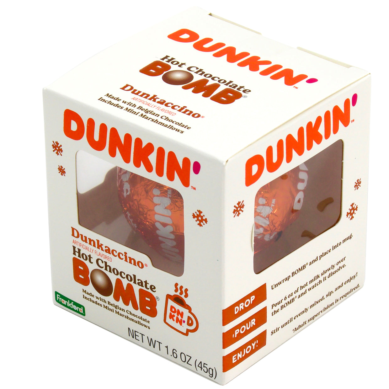 Angle of white Christmas themed box with 1 hot chocolate bomb wrapped in orange foil with Dunkin' logo