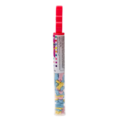 side of clear tube with multi colored hard candies and topped with pink bunny