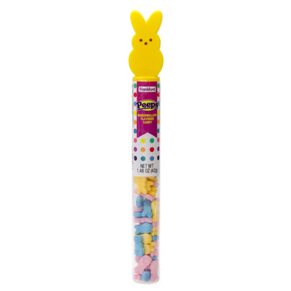 clear tube with multi colored hard candies and topped with yellow bunny