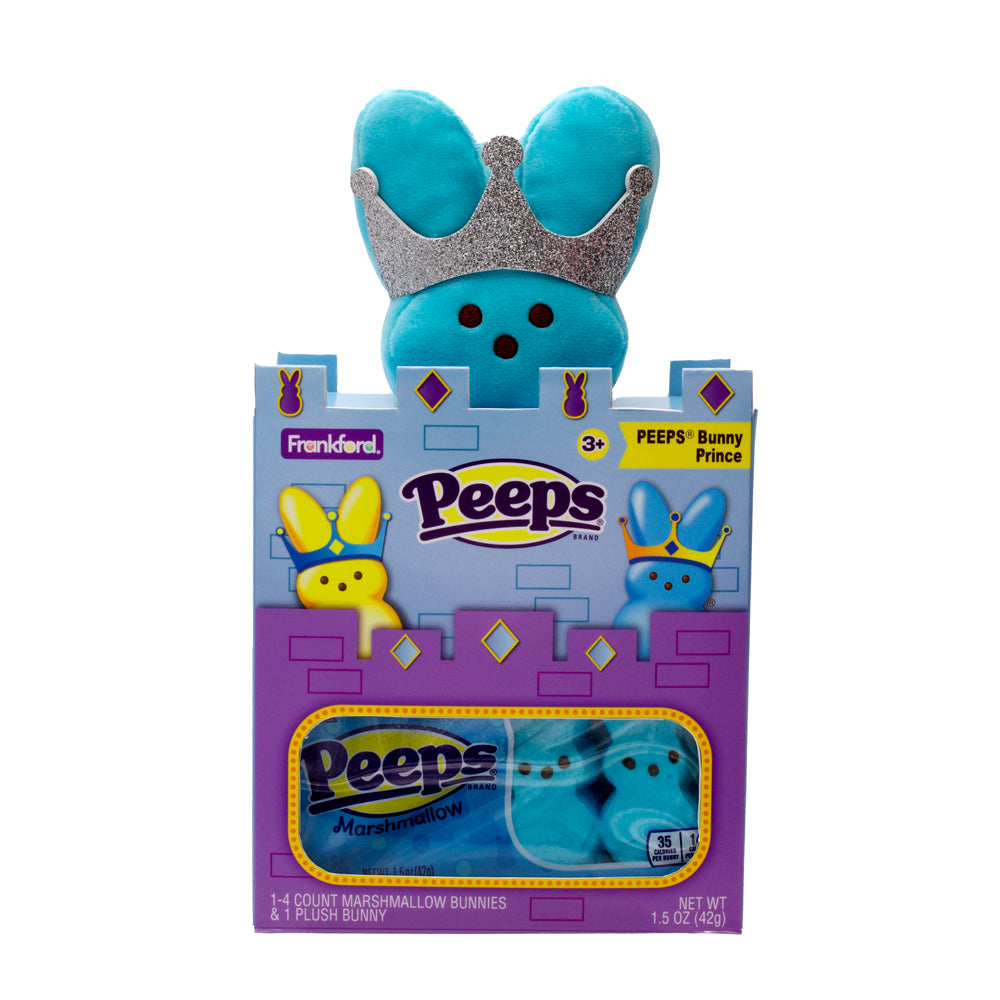 blue box with blue PEEPS bunny marshmallows and blue plush bunny with silver crown