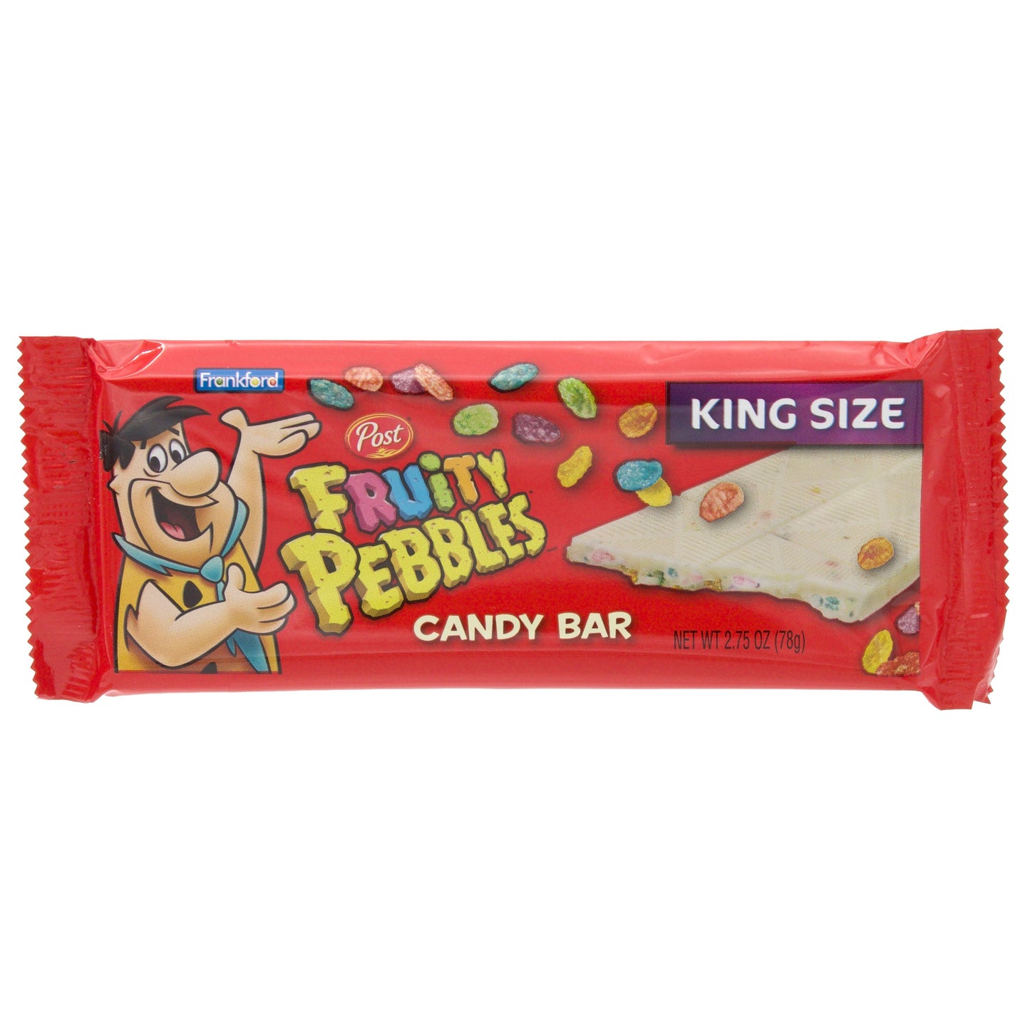 Red candy bar wrapper with fruity pebbles and Fred Flinstone